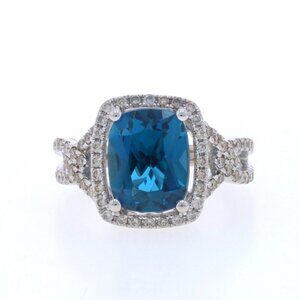 Le Vian London Blue Topaz Diamond Halo Ring - White Gold 14k Cushion 4.50ctw